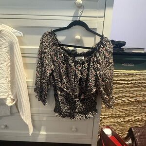 Anthropologie Black Smocked Ruffled Blouse with Scoop Neck and 3/4 Sleeves